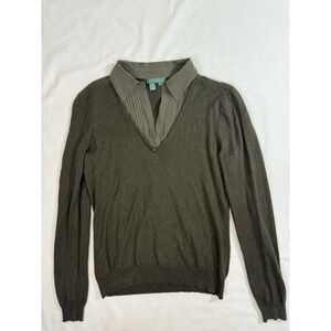 Ralph Lauren Women Large Collared V-Neck Sweater Olive Green 85%silk 15%cashmere